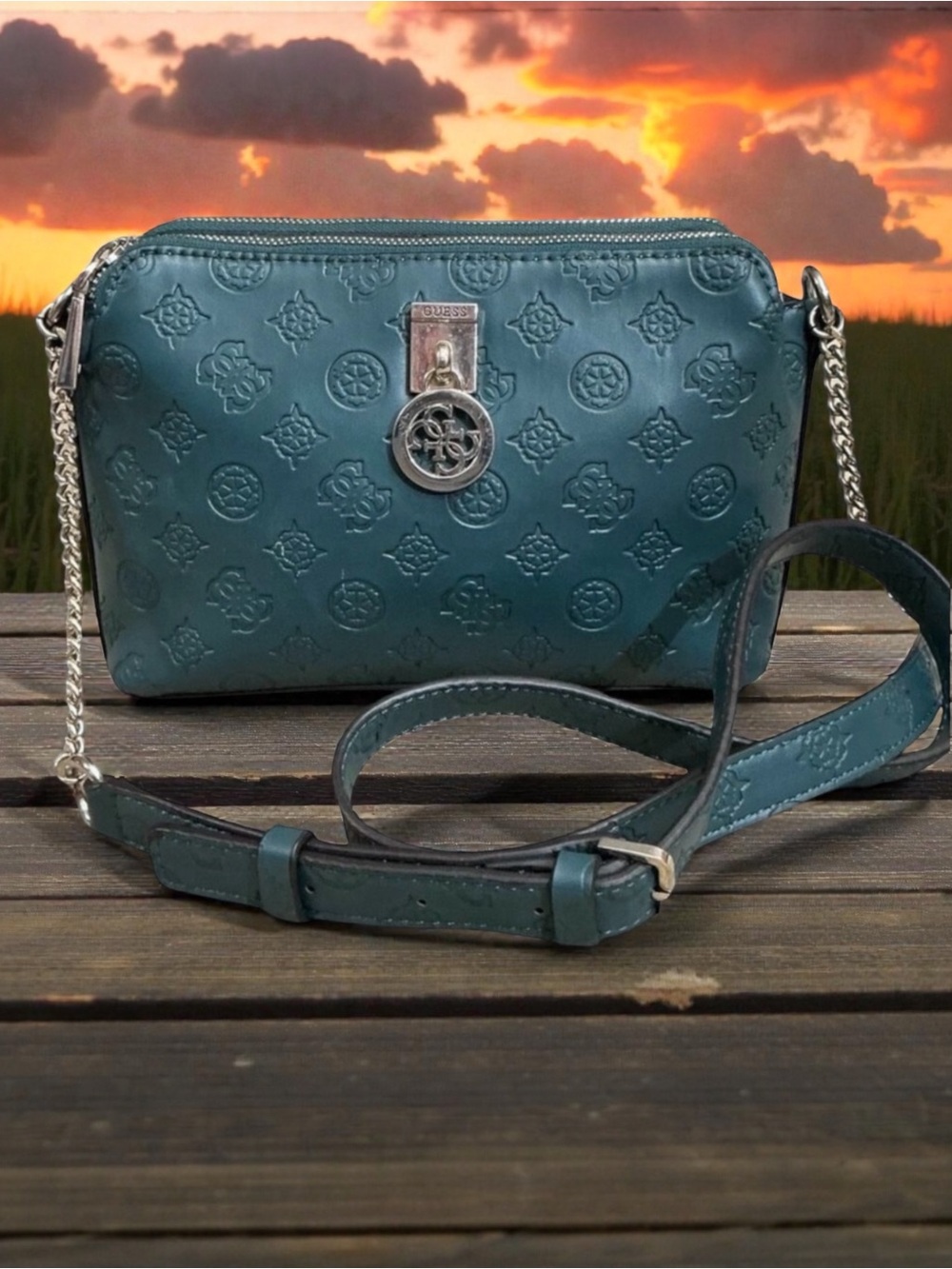Guess Teal Double Zip Crossbody Handbag Purse Shoulder Bag